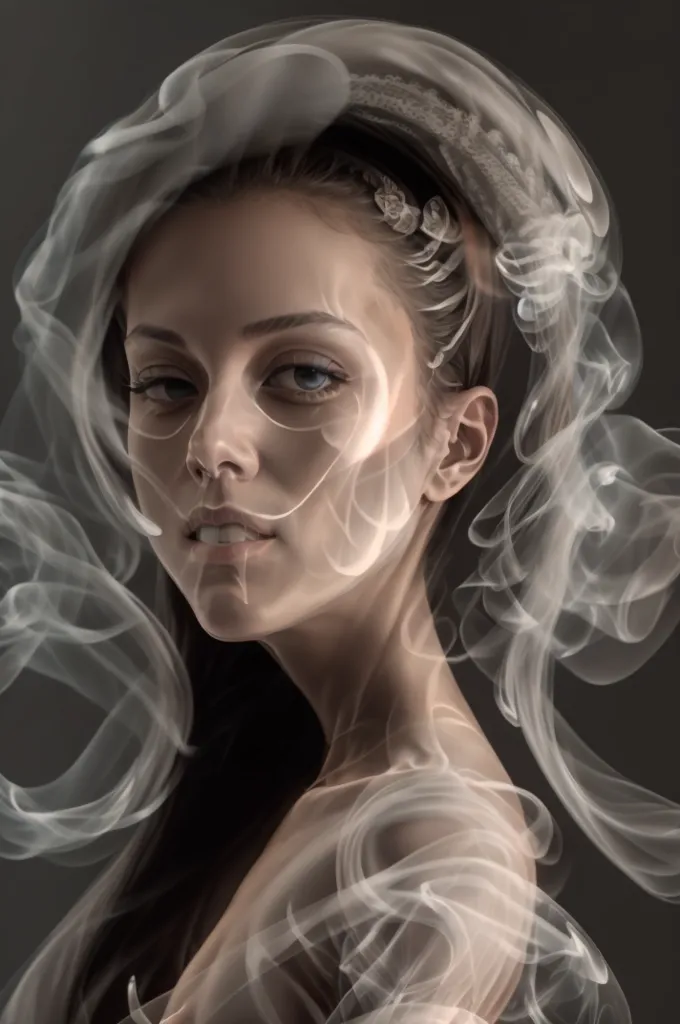 The image shows a young woman with long brown hair and light makeup. She is wearing a white dress with a sweetheart neckline. There is white smoke or fog around her head and shoulders. The background is dark gray. The image is soft and ethereal.