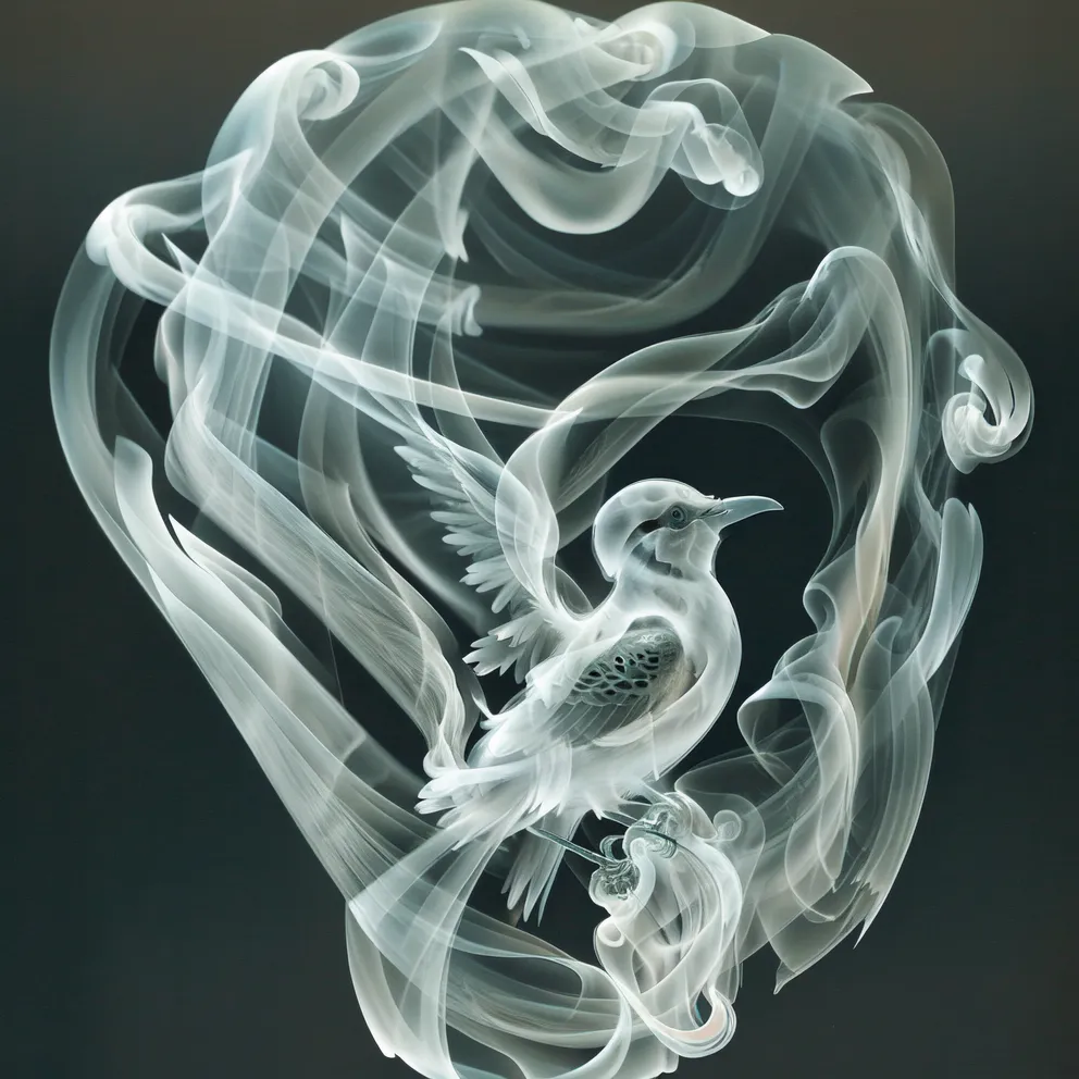 La imagen es una pintura en escala de grises de un pájaro hecho de humo. El pájaro está en el centro de la imagen y sus alas están extendidas. El humo se arremolinea alrededor del pájaro y parece que el pájaro está volando. El fondo es oscuro y hace que el pájaro resalte. La pintura es muy detallada y el artista ha utilizado el sombreado para crear una sensación de profundidad.