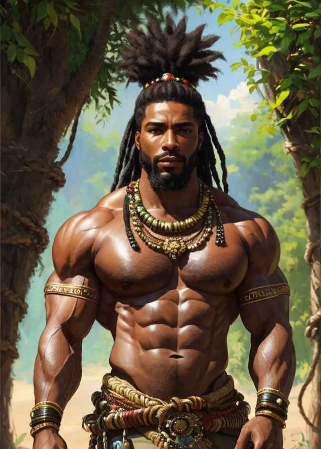 L'image représente un homme musclé à la peau foncée, avec de longs cheveux tressés et une barbe. Il porte un pagne et divers bijoux, notamment un collier, des bracelets et des boucles d'oreilles. Il a une expression sérieuse sur le visage et regarde directement le spectateur. Il se tient debout dans un cadre forestier luxuriant et verdoyant.