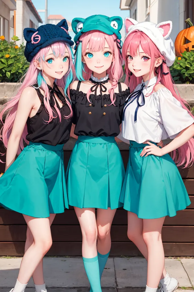 The image shows three anime girls. They all have pink hair, but different eye colors and clothes. The girl on the left has blue eyes and is wearing a black tank top and a green skirt. The girl in the middle has green eyes and is wearing a black vest with a white collar and a green skirt. The girl on the right has pink eyes and is wearing a white blouse and a green skirt. All three girls are wearing cat ear hats and white sneakers. They are standing in front of a white wall with a door and some plants on the left. There is also a jack-o-lantern on the ground.