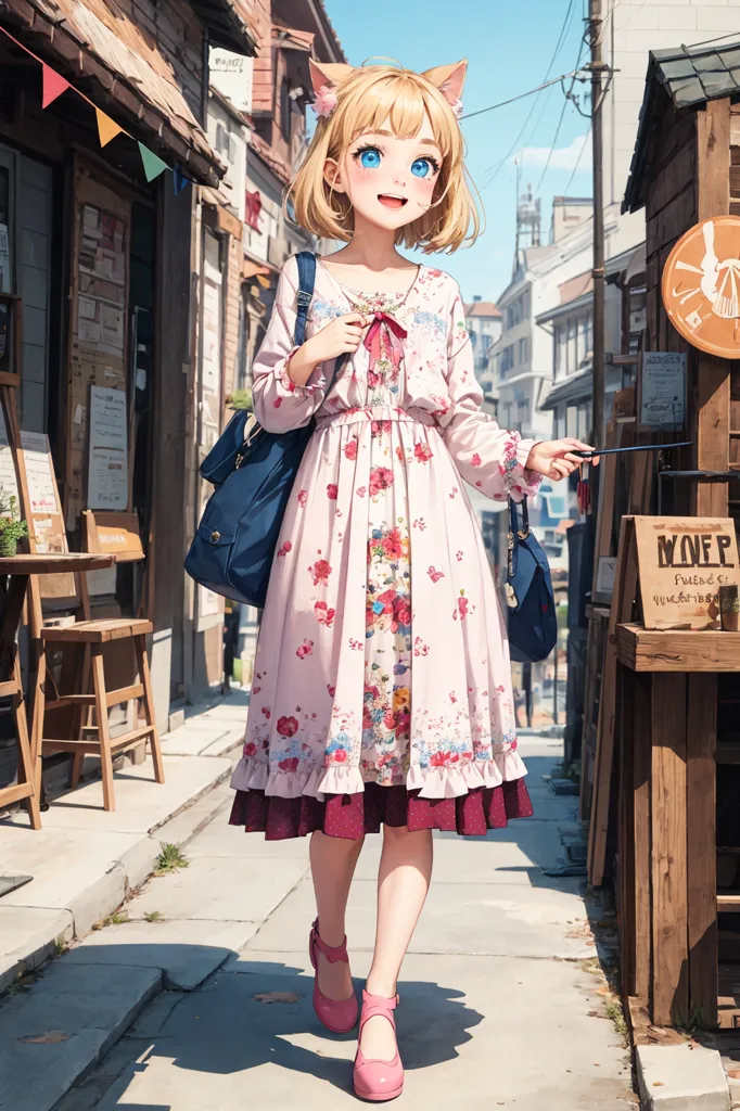 L'image est une peinture d'une jeune fille avec des oreilles de chat. Elle porte une robe rose et blanche avec un motif floral et un ruban bleu autour du cou. Elle porte également des chaussures roses et un sac à dos bleu. Elle marche dans une rue d'une ville de style européen. Il y a des bâtiments de chaque côté de la rue et une horloge sur l'un des bâtiments. La fille sourit et a les yeux fermés.