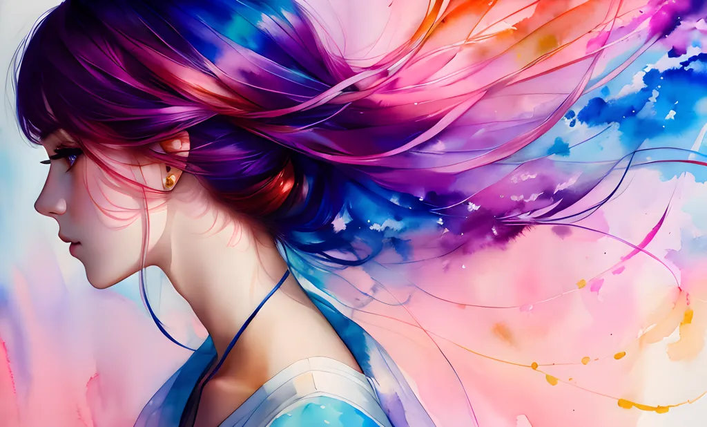 The image is a painting of a woman with long, flowing purple hair. She is facing to the left of the viewer. The background is a bright, colorful abstract. The woman's hair is blowing in the wind, and she has a serene expression on her face. The painting is done in a realistic style, and the colors are vibrant and lifelike.