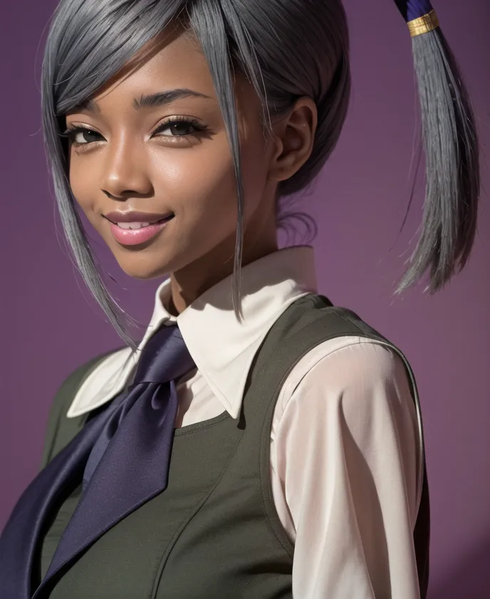 The image shows a young woman with gray hair and dark skin. She is wearing a white shirt and a gray vest. The woman has a ponytail and a tie. She is smiling.