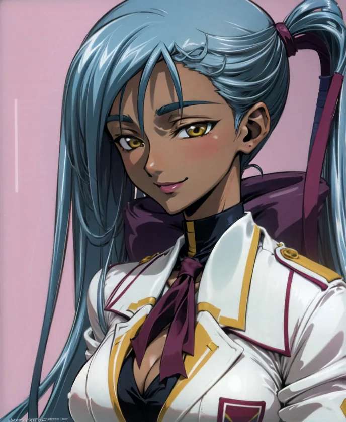 The image shows a young woman with blue hair and brown skin. She is wearing a white military-style uniform with a red tie. The woman has a confident expression on her face and is looking at the viewer with her brown eyes. She has a ponytail and her hair is blowing in the wind.