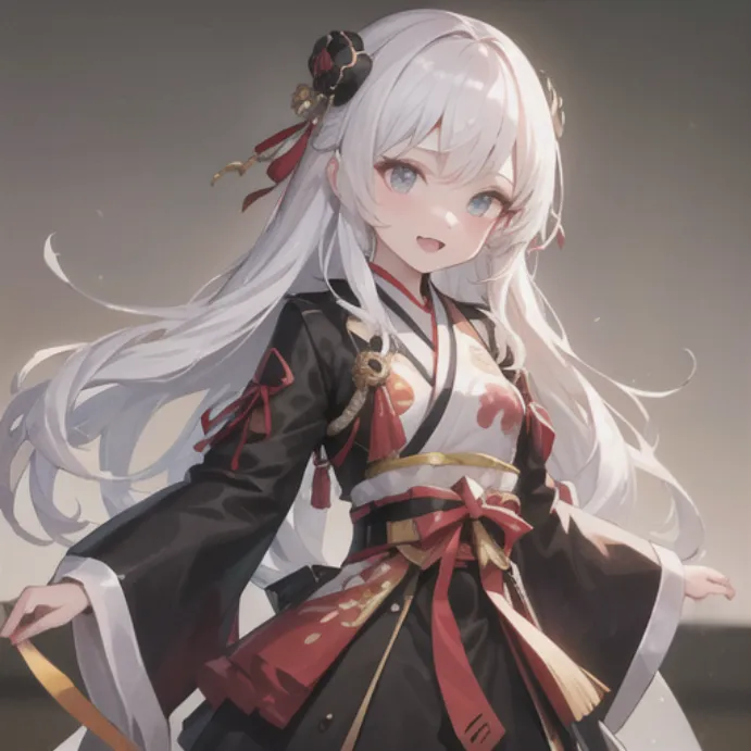 L'image représente une jeune fille de style anime aux longs cheveux blancs et aux yeux bleus. Elle porte un kimono noir et rouge avec un obi blanc et un grand nœud rouge dans les cheveux. Elle a un sourire doux sur le visage et les bras sont tendus. L'arrière-plan est un dégradé doux de gris clair et la jeune fille est au premier plan, face au spectateur.