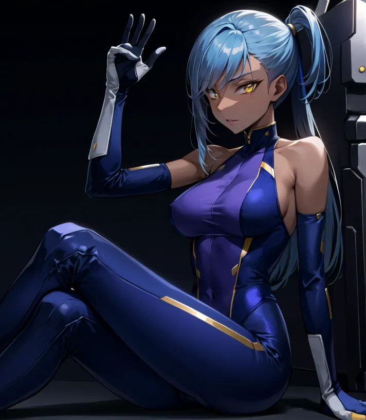 The image is of a beautiful woman with blue hair and brown eyes. She is wearing a blue and purple bodysuit-like outfit with gold accents. She is sitting in a relaxed pose with one hand raised in the air. She has a confident expression on her face. The background is dark with a spotlight shining down on her.