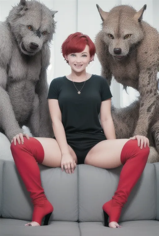 The image is of a young woman with short red hair and red knee-high socks sitting on a couch with two large wolves. The woman is wearing a black t-shirt and black shorts. She has a smile on her face and is looking at the camera. The wolves are standing on either side of the woman and are looking at her. The woman has her hands resting on her thighs. The wolves are gray and have sharp teeth.