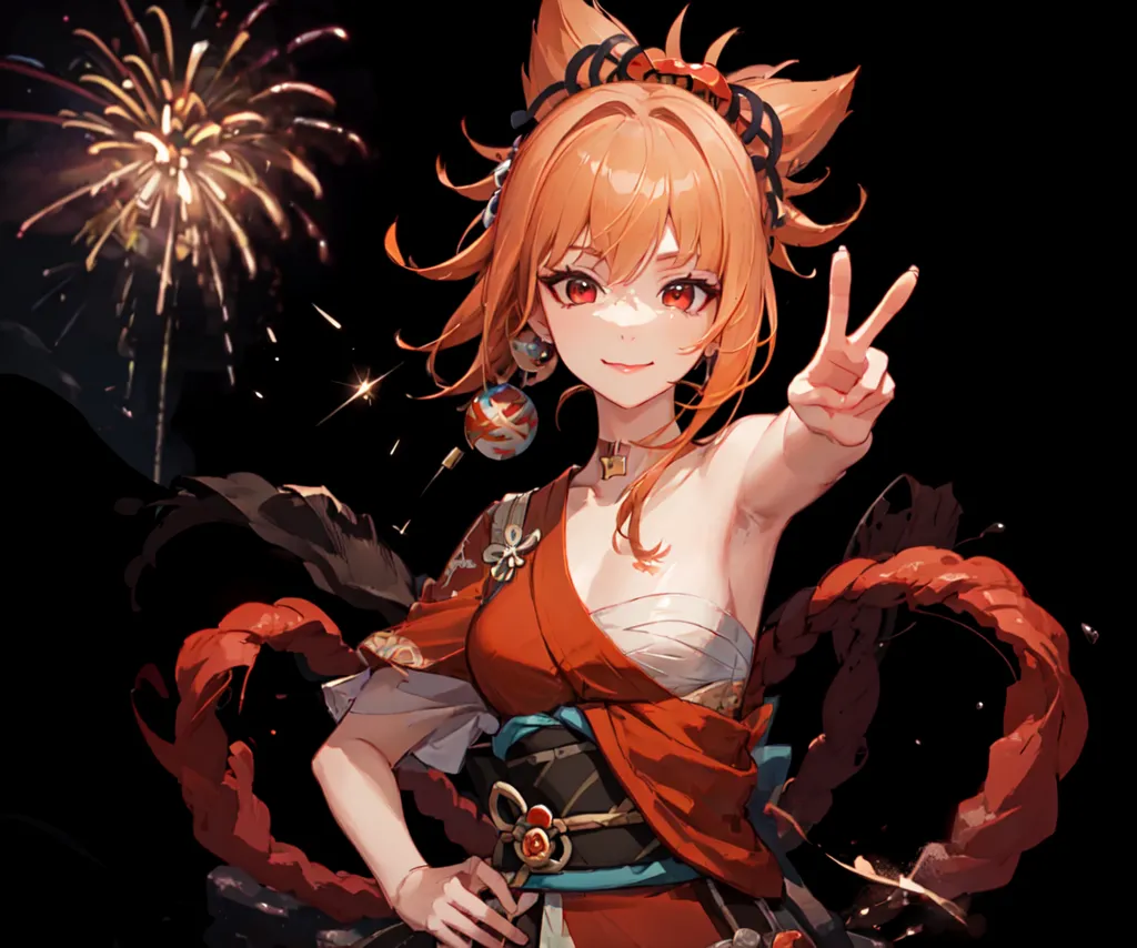 The image is of a young woman with long orange hair and fox ears. She is wearing a red and white kimono with a white obi and has a red and white bow in her hair. She is standing in front of a black background with fireworks exploding behind her. She has a smile on her face and is holding her right hand up in the air in a peace sign.