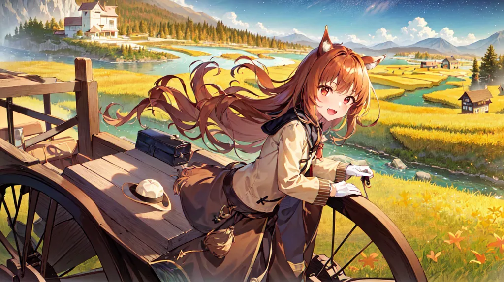 An anime-style illustration of a girl with fox ears and brown hair. She is wearing a white blouse, brown vest, and brown skirt. She is sitting on a wooden cart that is being pulled by a horse. The background is a meadow with a river running through it. There is a forest on the left and a village on the right. The girl is smiling and has her eyes closed.