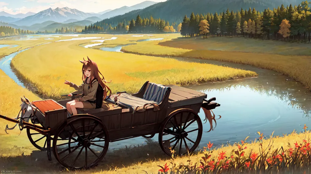 This image shows a girl with brown hair and fox ears riding in a wooden cart. The cart is being pulled by a white horse. They are traveling through a grassy field with a river running through it. There are trees and mountains in the background. The girl is wearing a brown jacket and a white shirt. She is sitting on a pile of blankets in the cart and has her hand raised in the air. She has a happy expression on her face.