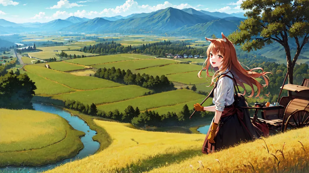 The image is of a beautiful landscape with a river running through it and mountains in the distance. There is a tree in the foreground and a girl with fox ears standing next to it. She is wearing a white shirt and a brown skirt and has a happy expression on her face.