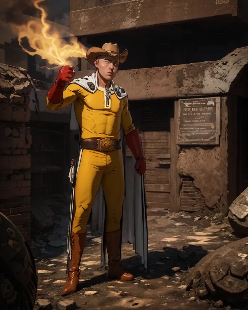 The image shows a man dressed in a yellow superhero costume. He is wearing a cowboy hat, a yellow bodysuit, and a white cape. He also has a red belt and red gloves. He is standing in a destroyed city. There is rubble all around him and a building in the background has a sign that says "No Trespassing". The man is holding his right fist in front of him and it is glowing orange. He has a determined look on his face.