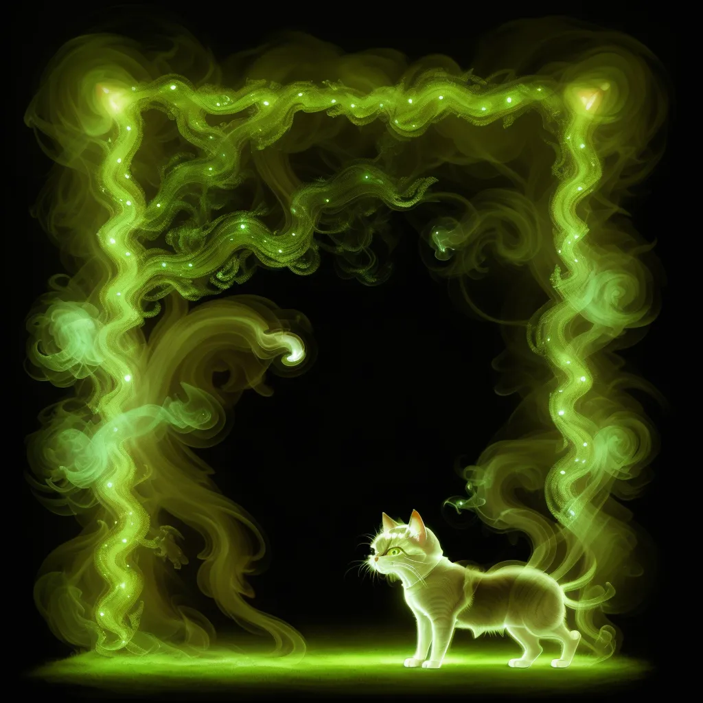 The image is a digital painting of a cat standing in front of a doorway. The cat is white with grey patches and green eyes. It is looking at the viewer with its tail swished up in the air. The doorway is made of green smoke and has a bright light coming from it. The doorway is surrounded by green vines. The background is a dark blue night sky.