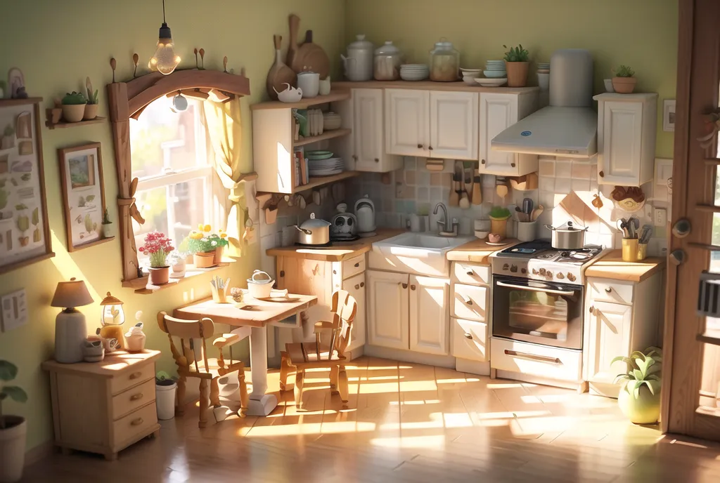 The image shows a cozy kitchen with white cabinets, a wooden table and chairs, and a large window. The cabinets are decorated with dishes and other kitchenware. There is a sink, a stove, and an oven in the kitchen. The floor is made of wood, and there is a small rug in front of the sink. The walls are painted green and there are several pictures hanging on them. There is a vase of flowers on the table. The kitchen is lit by a large window and a lamp on the table.