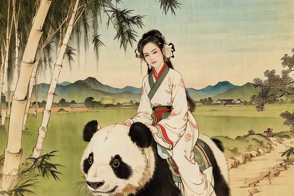 Une jeune femme est assise sur le dos d'un panda dans une forêt de bambous. La femme porte une robe traditionnelle chinoise et a les cheveux attachés en chignon. Le panda est noir et blanc avec un visage rond et des oreilles touffues. L'arrière-plan de l'image est un paysage vert avec des montagnes à l'horizon. L'image est peinte dans un style traditionnel chinois.