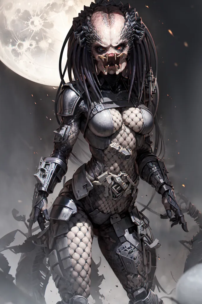 The image is a digital painting of a female Predator. She is standing in front of a full moon. She is wearing a black and silver bodysuit with a bone-colored skull on her chest. She has long black hair with yellow-green tips and yellow-green eyes. Her skin is pale green. She is armed with two wrist blades and a spear.