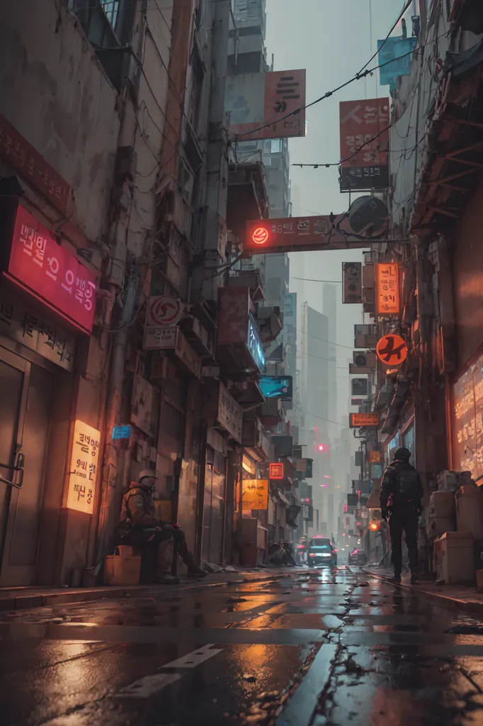 The image shows a narrow street in a cyberpunk city. The street is wet from the rain and there is a blue-ish light coming from the sky. The buildings are tall and covered in neon signs and graffiti. There are a couple of people walking down the street one of which is carrying a large backpack.