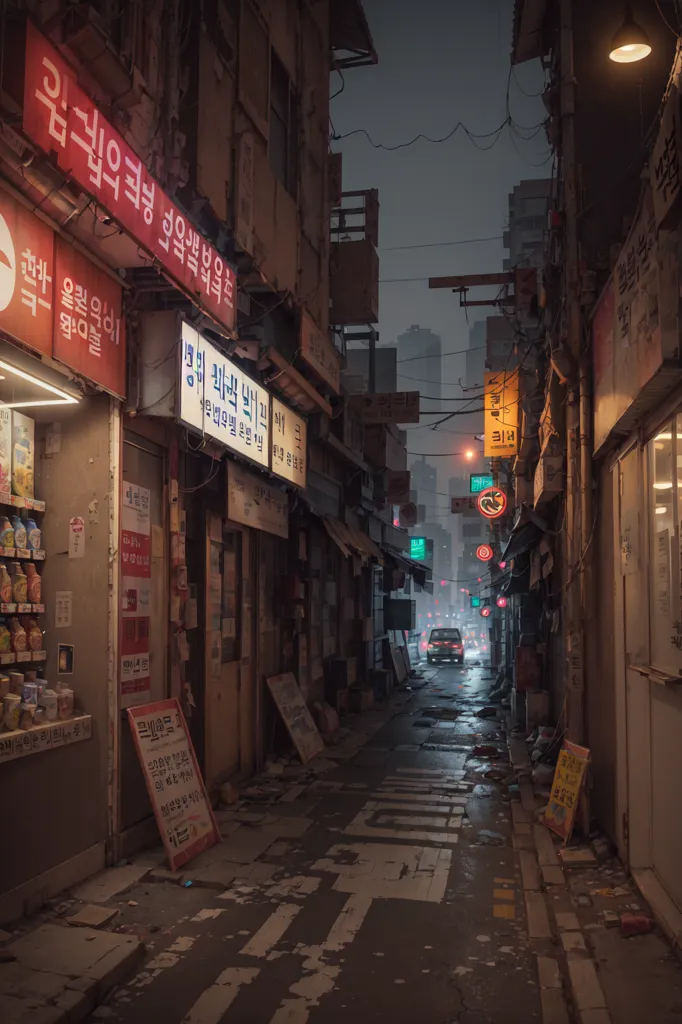 A imagem mostra uma rua estreita em uma cidade. A rua é ladeada por edifícios antigos, muitos dos quais estão em estado de deterioração. A rua está molhada pela chuva e há um carro estacionado no final da rua. A única luz vem dos postes de iluminação e das luzes nos edifícios. Não há pessoas na rua.