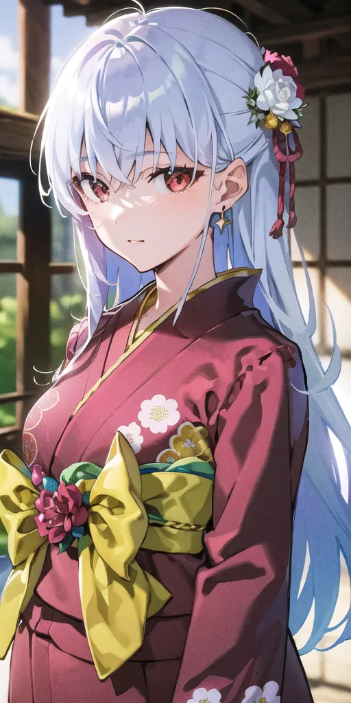 The image is a portrait of a young woman with long silver hair and red eyes. She is wearing a red kimono with a yellow obi and has a white and red flower in her hair. The background is a blurred image of a traditional Japanese house.