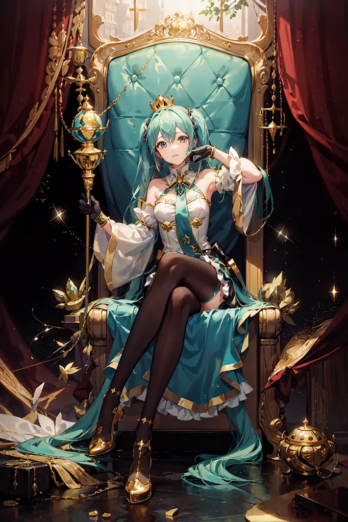 The image shows a girl with long green hair sitting on a throne. She is wearing a white and blue dress with a crown on her head. She is holding a scepter in her right hand and there is a book on her left. There are red curtains behind her and a green plant to her right.