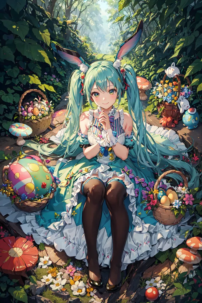 The image is of a young woman with long green hair and rabbit ears. She is wearing a blue and white dress with a white apron. She is sitting in a forest, surrounded by flowers and mushrooms. There are also several baskets of Easter eggs. The woman is smiling and has her hands clasped in front of her. She is wearing black stockings and black shoes. There is a bunny on her right shoulder.