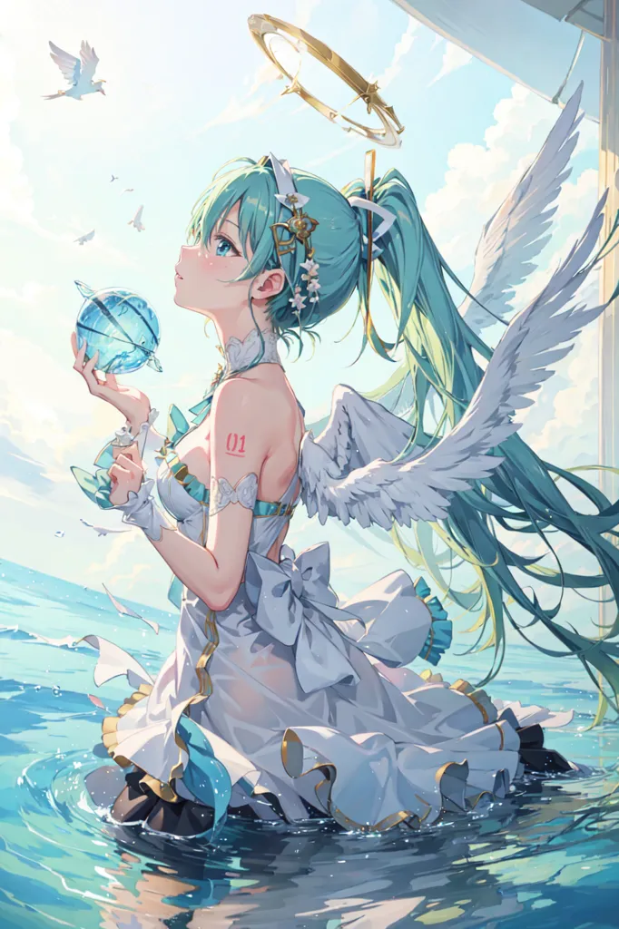 This image is of a beautiful anime-style girl with long green hair and blue eyes. She is wearing a white dress with a blue sash and has a halo above her head and angel wings. She is standing in the water with a small globe in her hand and is looking up at the sky where there are white doves flying. The background is a bright blue sky with white clouds.