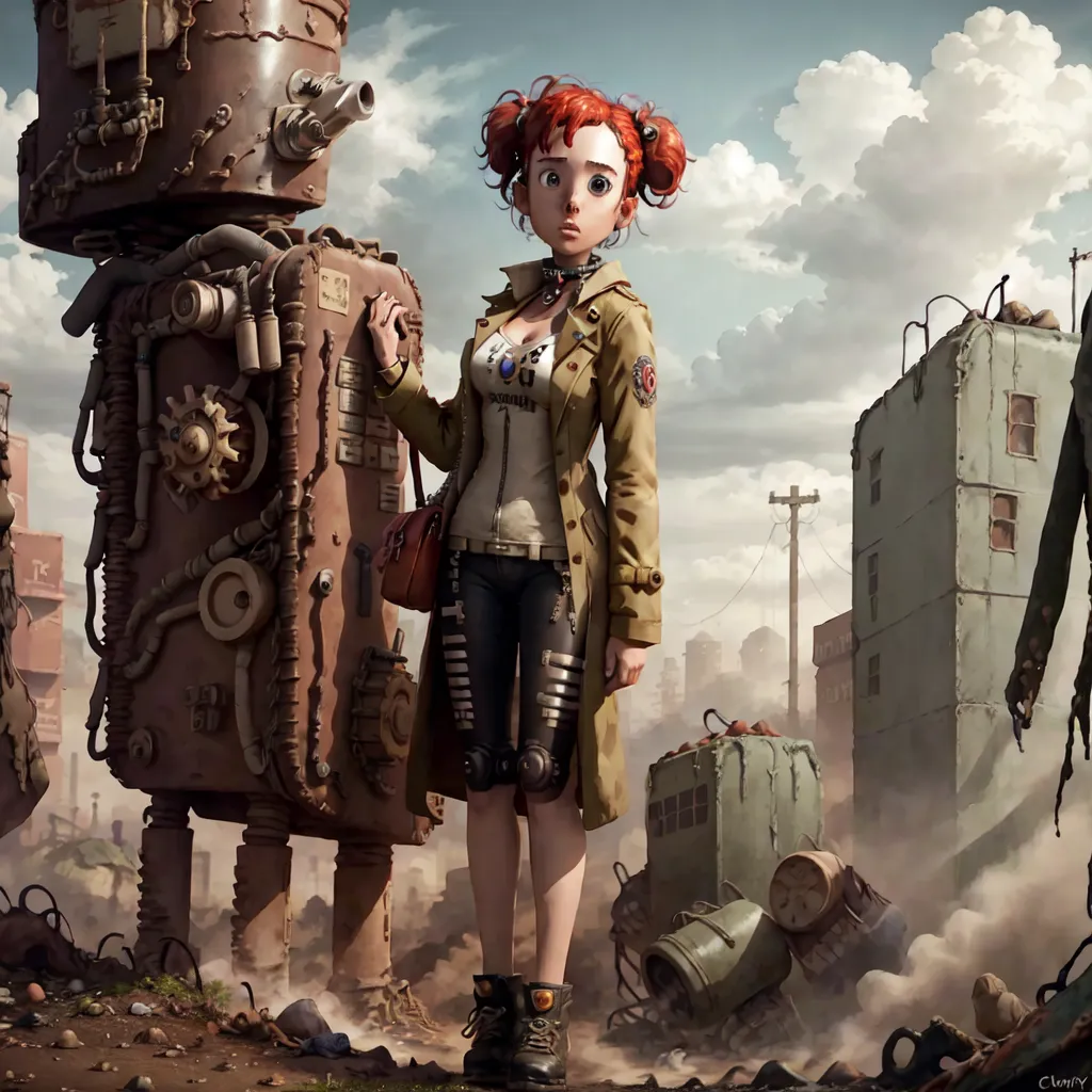 A young girl with red hair and green eyes is standing in a post-apocalyptic city. She is wearing a tan trench coat, a white shirt, and black pants. She has a brown bag over her shoulder and is looking at a large robot in front of her. The robot has a large cannon on its shoulder and is made of metal and has a lot of wires hanging from it. The city is in ruins, with destroyed buildings and debris everywhere. The sky is cloudy and there is a hint of sunlight peeking through the clouds.