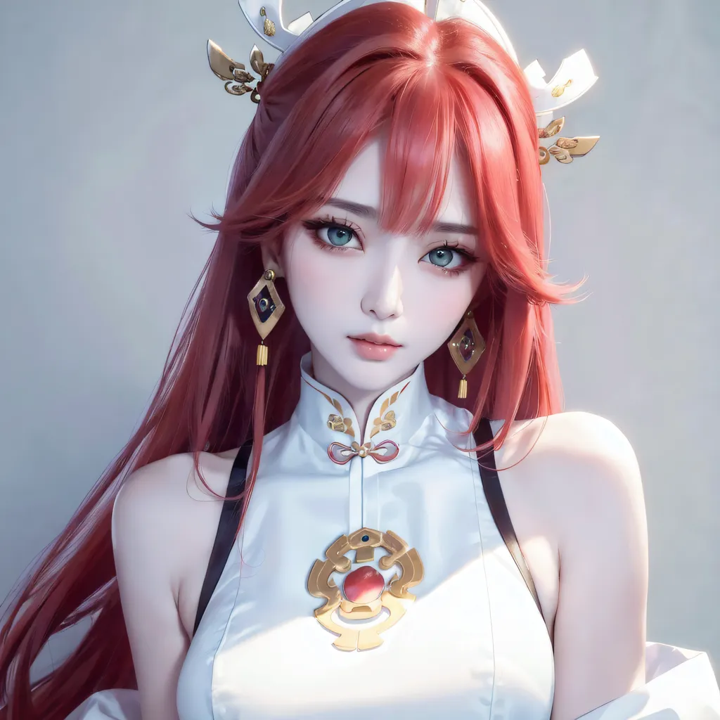 The image shows a young woman with long red hair and green eyes. She is wearing a white and gold dress with a red gem in the center. She is also wearing a gold necklace and earrings. Her hair is styled in a way that is popular in China. She has a gentle smile on her face. The background is a light gray.