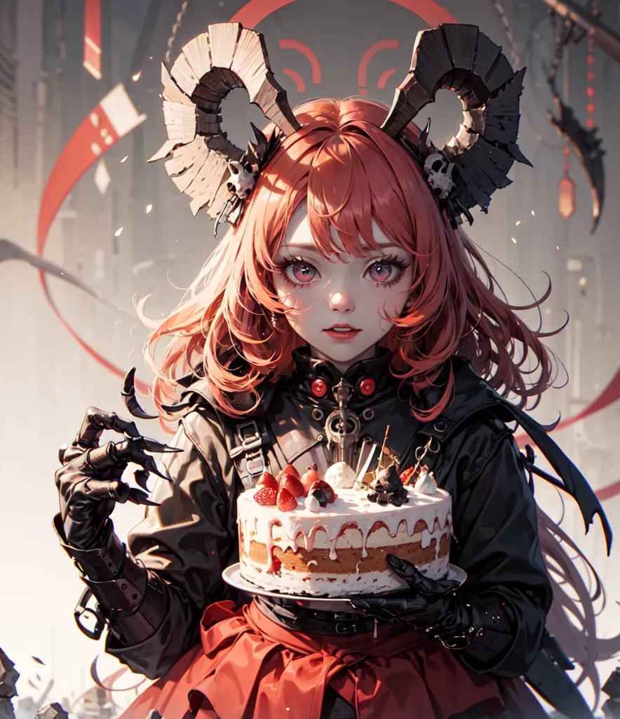 The image is a painting of a young woman with long red hair and horns. She is wearing a black dress with a red corset and a white apron. She is holding a cake with strawberries on top of it. The background is a cityscape with a red sky. The painting is done in a realistic style and the colors are vibrant and saturated. The woman's expression is serious and she is looking at the viewer with her red eyes.