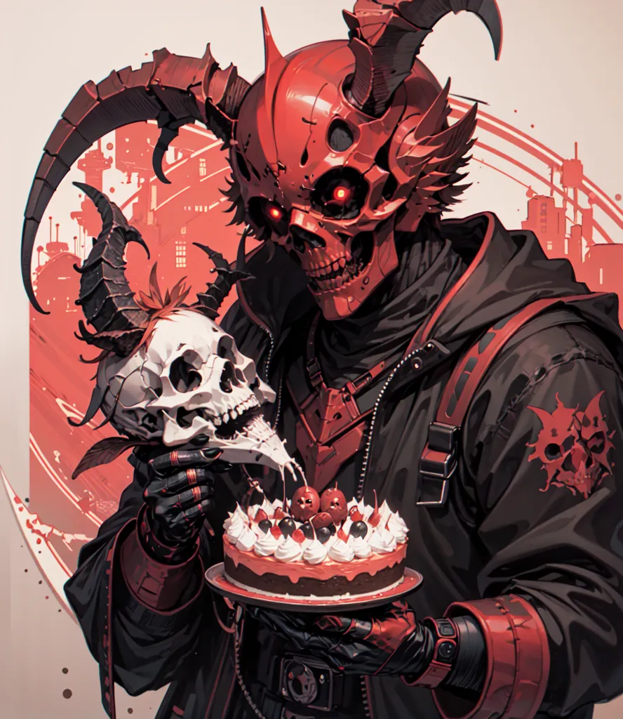 The image is of a red skeleton demon with black horns. It is wearing a black and red outfit and has a skull on its shoulder. It is holding a cake with cherries on it. The background is white with a red circle in the middle.