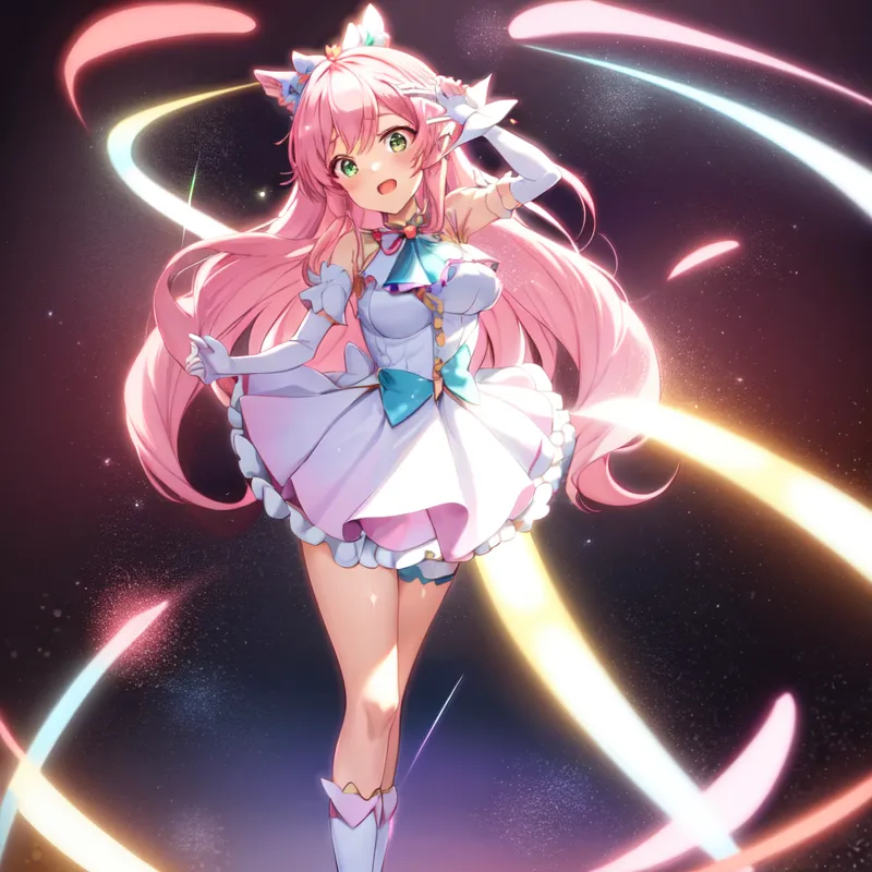 The image is an anime-style drawing of a young girl with pink hair and green eyes. She is wearing a white and pink dress with a blue bow, and she has cat ears and a tail. She is standing in a starry night sky, and there are colorful ribbons of light flowing around her. She has a happy expression on her face, and she is looking at the viewer.