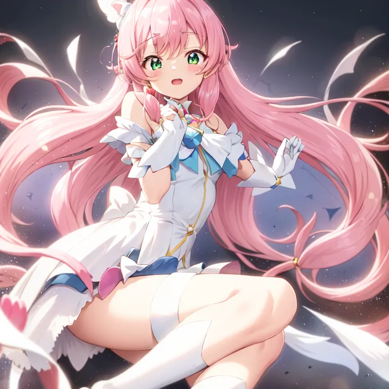 The image is of a young woman with pink hair and green eyes. She is wearing a white dress with a blue bow and has a pink ribbon in her hair. She is sitting on a cloud and is surrounded by pink feathers. The background is a dark blue night sky. The image is drawn in an anime style.