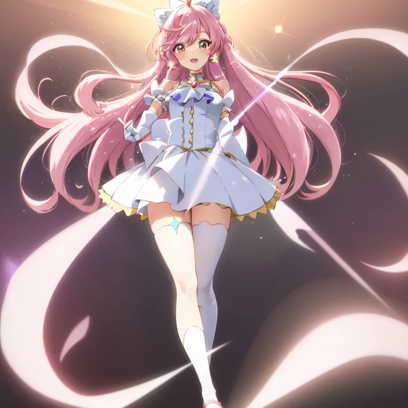 The image is an anime-style drawing of a young girl with long pink hair and green eyes. She is wearing a white and pink dress with a blue ribbon around her waist. She is also wearing white gloves and pink boots. She has a gentle smile on her face and is surrounded by a soft light.