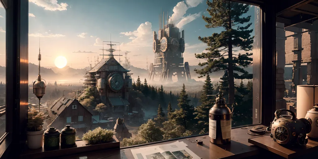 The image shows a view from a window. Outside the window, there is a steampunk city. The city is full of tall buildings and strange machines. There are also trees and other plants growing in the city. The sky is cloudy and there is a sun rising or setting. The window is in a room that is decorated with steampunk furniture. There is a desk, a chair, and a lamp on the desk. There are also some books and other objects on the desk.