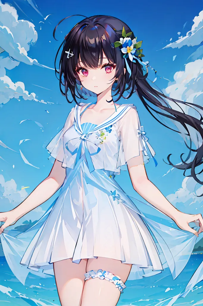 The image shows a young woman standing on a beach. She is wearing a white dress with a blue sash and has long black hair and red eyes. The background of the image is a blue sky with white clouds.