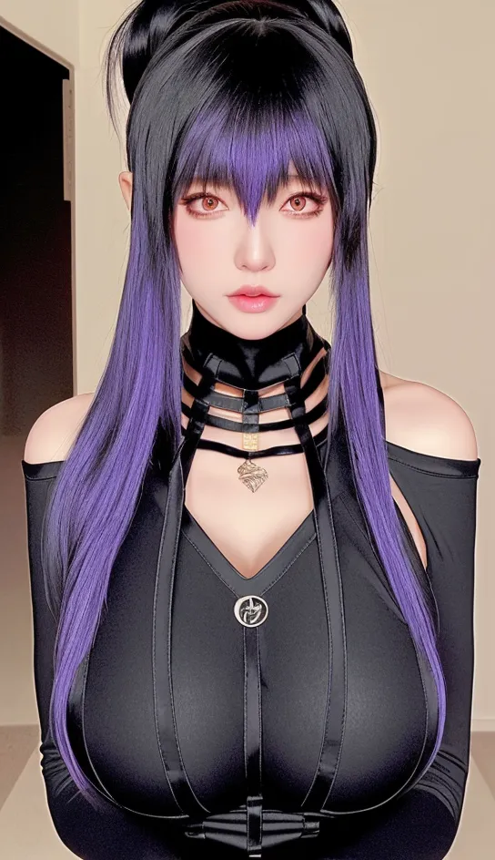 The image shows a young woman with long black and purple hair. She is wearing a black bodysuit with a high collar and a heart-shaped pendant. The bodysuit has a zipper in the front and is held up by two straps that go over her shoulders. She is also wearing a pair of black gloves. The woman has a serious expression on her face and is looking directly at the viewer. She is standing in a dark room with a white wall behind her.