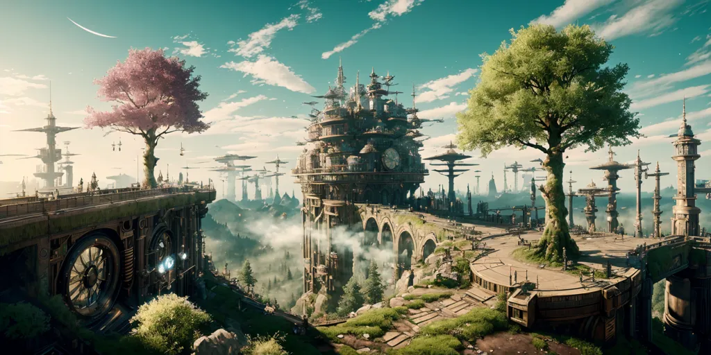 L'image représente une ville steampunk. Il y a de nombreux dirigeables volant dans le ciel. La ville est construite sur une série de plates-formes reliées par des ponts. Il y a de grands arbres et des plantes poussant sur les plates-formes. Les bâtiments sont faits de métal et de verre. Il y a des gens qui se promènent sur les plates-formes. L'image est très détaillée et réaliste.