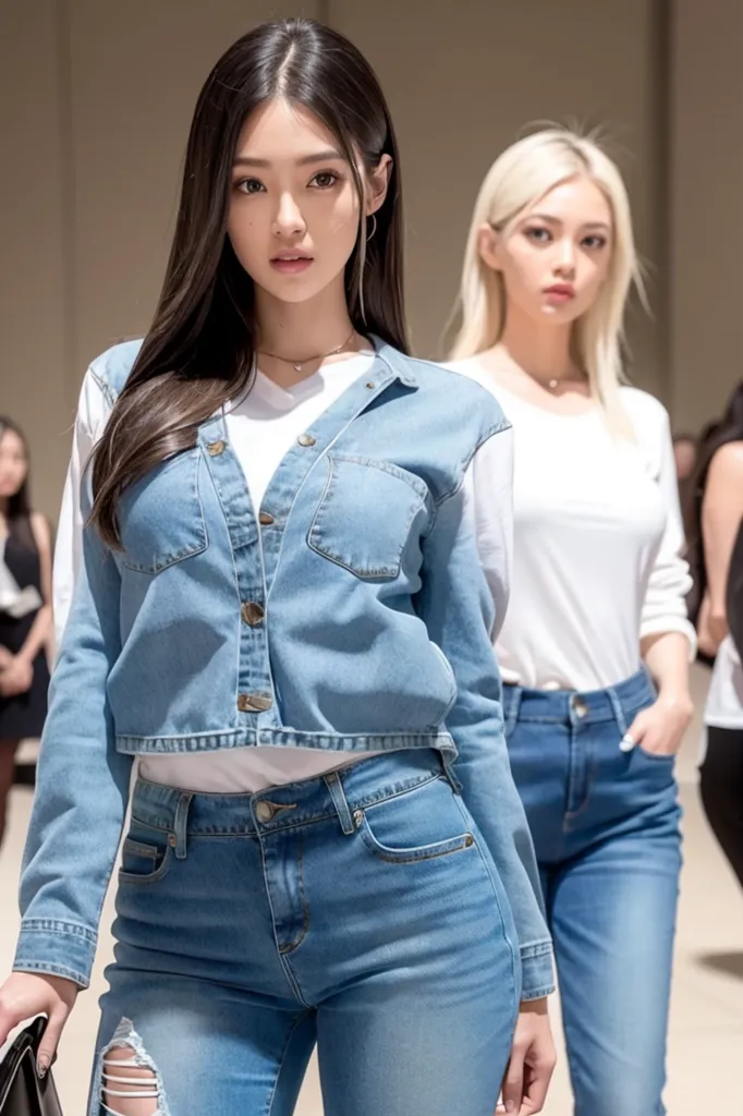 This is a picture of two Asian women. They are both wearing jeans. The woman on the left is wearing a denim jacket and a white shirt. The woman on the right is wearing a white shirt and a denim jacket. They are both wearing makeup and have their hair styled. They are standing in front of a white background. There are other people in the background, but they are out of focus.