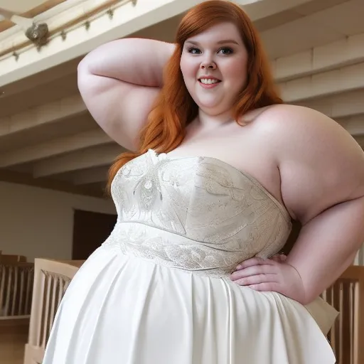 The image shows a plus-size bride wearing a strapless, white, lace, and satin wedding dress. The dress has a sweetheart neckline and a full skirt. The bride has red hair and is wearing a tiara. She is smiling and looks happy.