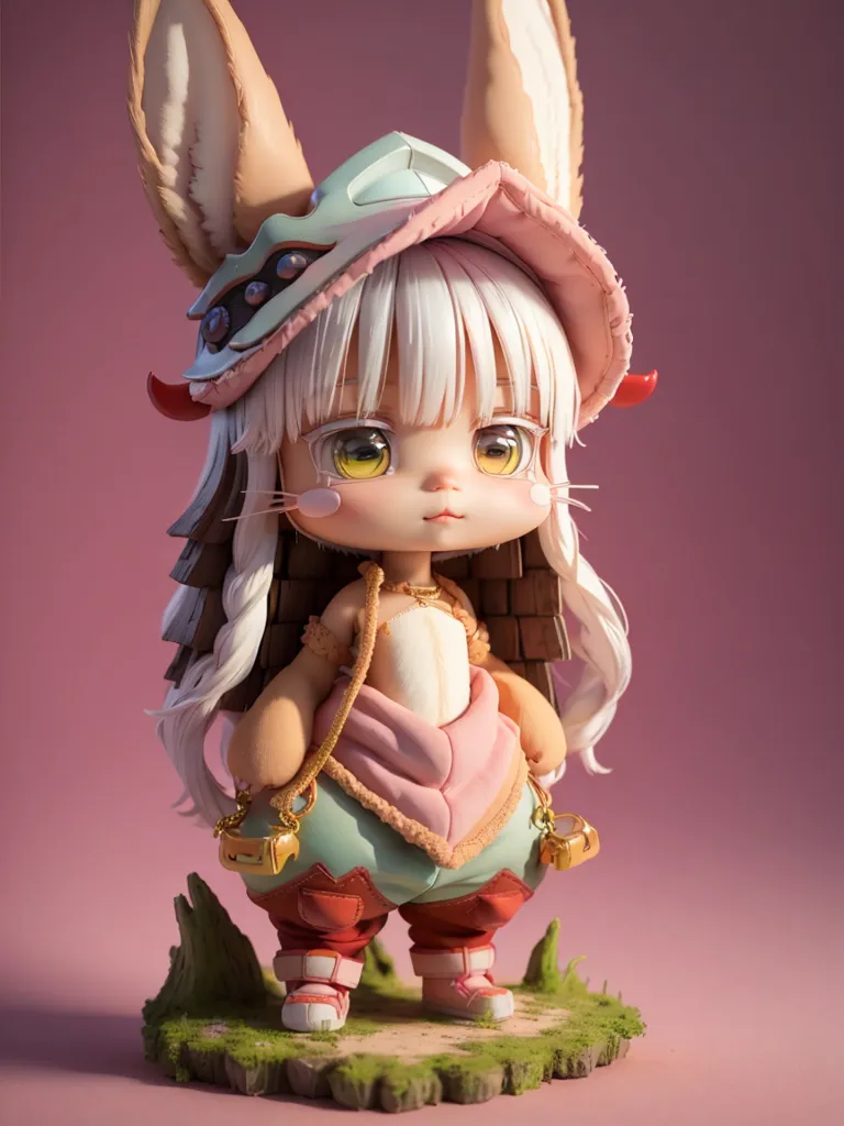 この画像は、アニメシリーズ「メイドインアビス」のキャラクターのフィギュアを示しています。そのキャラクターは、長い白髪と兎の耳を持つ若い女の子です。ピンクと白の服を着ており、決意に満ちた表情をしています。小さな草原の上に立っています。背景は淡いピンク色です。