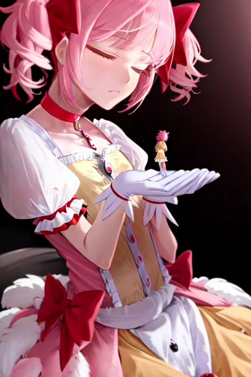 The image is of a magical girl named Madoka Kaname from the anime series Puella Magi Madoka Magica. She is standing in a dark room, with her left hand holding a smaller version of herself. Madoka is wearing a pink and white dress with a red ribbon in her hair. She has a serious expression on her face. The smaller Madoka is wearing the same outfit as the larger Madoka, but she has a more playful expression on her face.