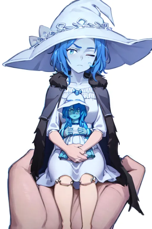 The image is of a blue-haired anime girl wearing a white dress and a witch hat. She is sitting in the palm of a giant hand. The girl is holding a smaller version of herself in her hands. The smaller girl is wearing a blue dress and has a blue hat. The background is white.