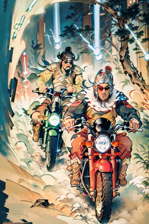 This is a digital painting of two men riding motorcycles. The men are wearing traditional Chinese clothing and sunglasses. The background is a mountain landscape with a blue sky and white clouds. The painting has a cel-shaded look, similar to anime.