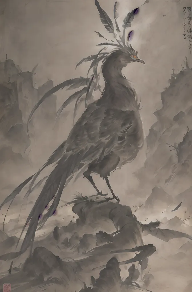 The image is a Chinese painting of a phoenix. The phoenix is a mythical bird that is said to be a symbol of good luck and prosperity. It is often depicted as having a long, flowing tail and brightly colored feathers. In this painting, the phoenix is depicted in shades of grey. The background is a misty landscape with mountains and trees. The phoenix is perched on a rock in the foreground. The painting is done in a realistic style and the artist has used shading to create a sense of depth and texture.
