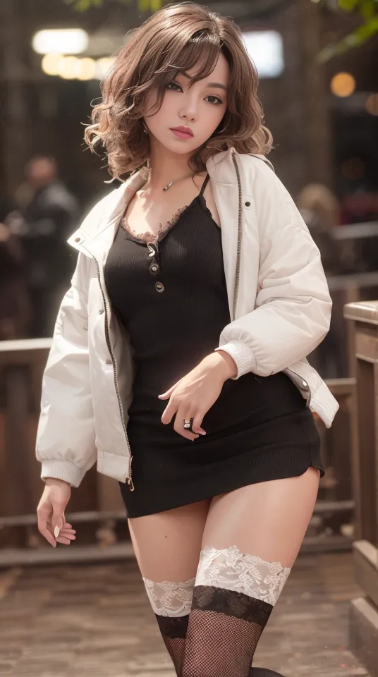 The image shows a young woman standing on a wooden walkway. She is wearing a black dress with a white lace camisole and a white jacket. She is also wearing black stockings and white lace thigh-high socks. Her hair is short and brown, and she is wearing light makeup. She is looking at the camera with a serious expression.