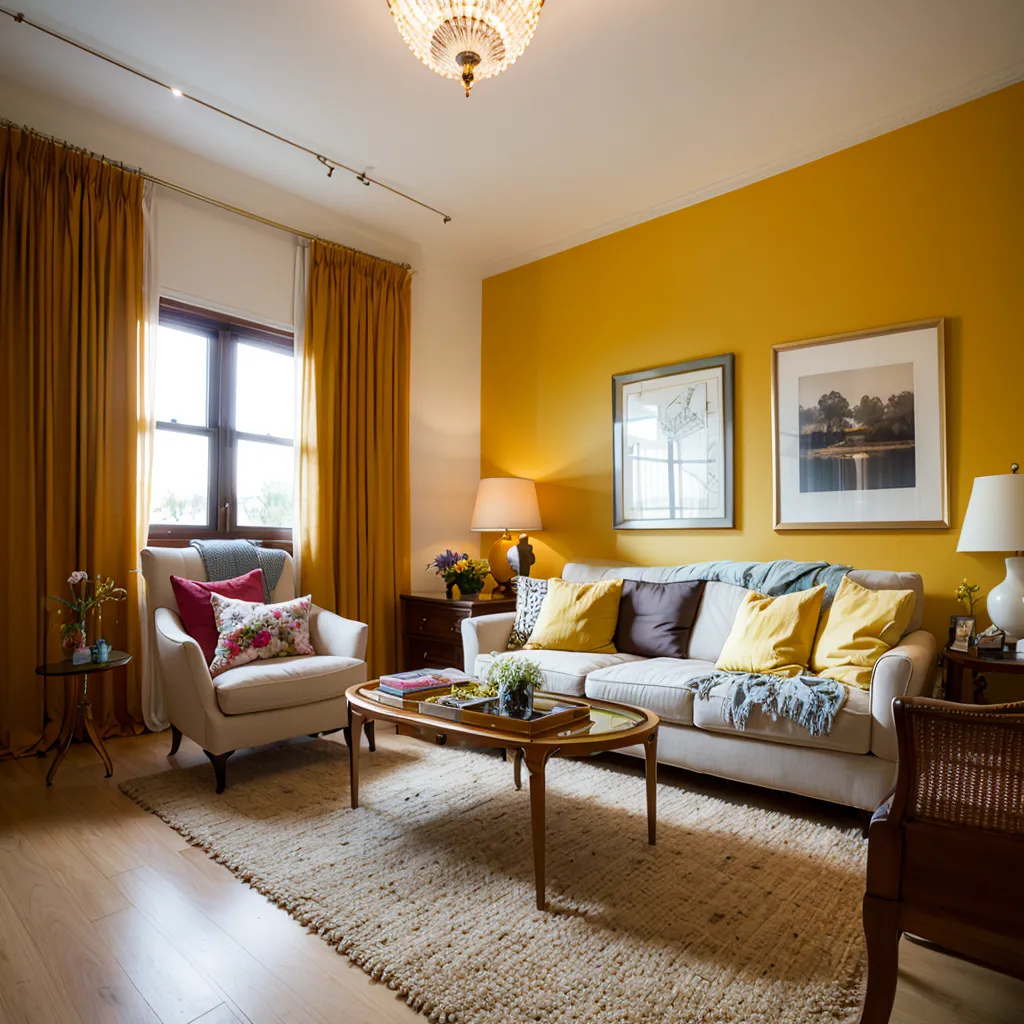 The living room is decorated in a modern style. The walls are painted yellow, and the hardwood floors are covered with a beige rug. There is a white sofa with a yellow throw blanket and two white armchairs with pink and yellow pillows. A wooden coffee table is placed in front of the sofa. There is a window with yellow curtains, a chandelier, and two paintings on the yellow wall.