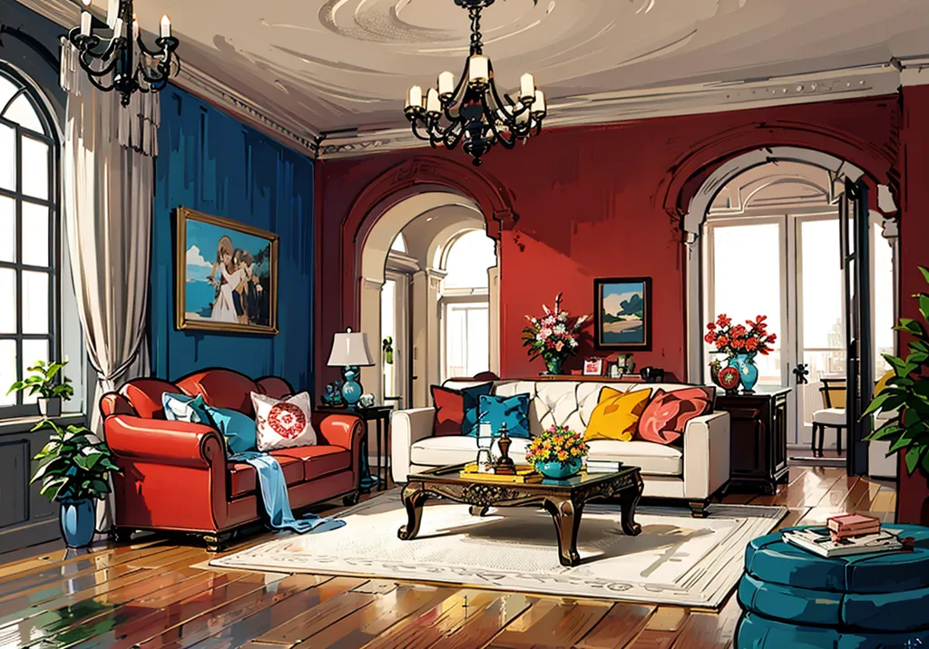 The image shows a living room with two sofas, a coffee table, and a few chairs. The sofas are placed opposite each other, with the coffee table in between. There is a large window behind the coffee table, and two smaller windows on the left side of the room. The walls are painted in different colors, with the left wall being blue, the right wall being red, and the back wall being white. There is a white ceiling with intricate crown molding, and a dark wood floor. The room is decorated with a few pieces of art, including two paintings and a vase of flowers. There is also a potted plant in the corner of the room.