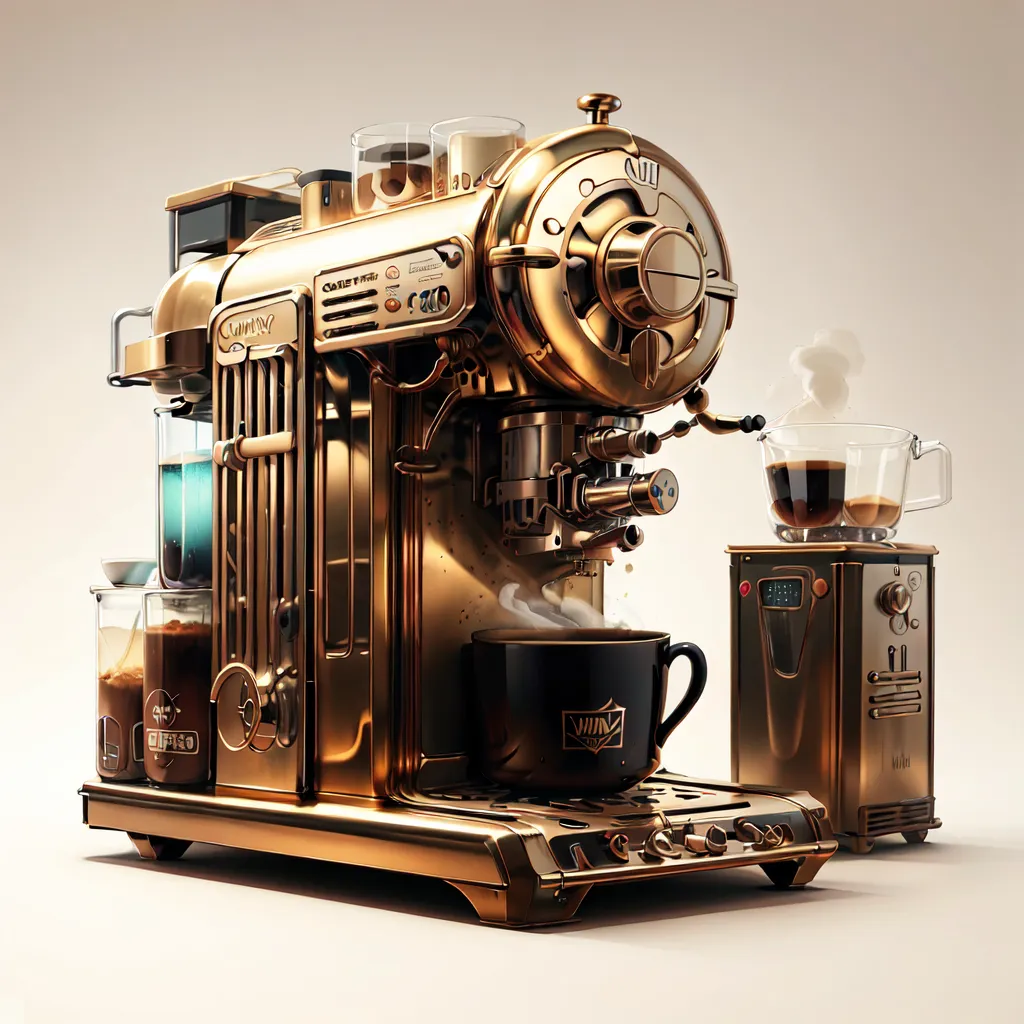 The image shows a coffee machine made of gold-colored metal. It has a round pressure gauge, a steam wand, and a group head for brewing coffee. There is a cup of coffee on the drip tray. The coffee machine is also equipped with a milk frother.