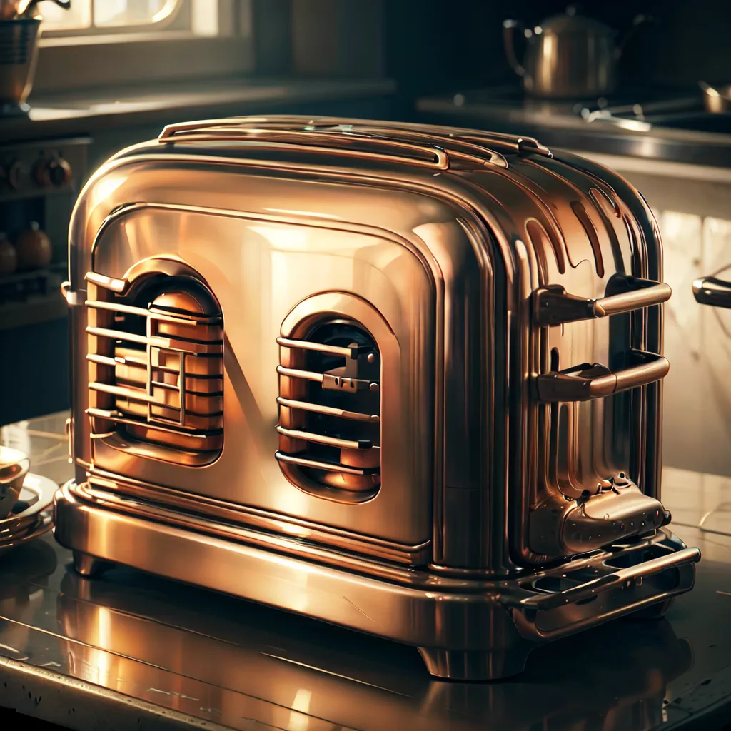 The image shows a copper toaster on a kitchen counter. The toaster is in a retro-futuristic style with a shiny copper finish. It has two slots for bread and a lever on the side to lower the bread. There is a window on the front of the toaster so you can see the bread as it toasts. The toaster is sitting on a black surface with a window and a kettle in the background.