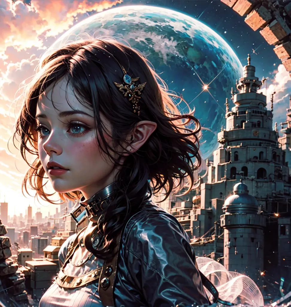 The image is of a beautiful young woman with long brown hair, blue eyes, and pointed ears. She is wearing a black leather jacket and a silver necklace. She is standing in a futuristic city with a large moon in the background. The city is full of tall buildings and towers, and there are stars in the sky.